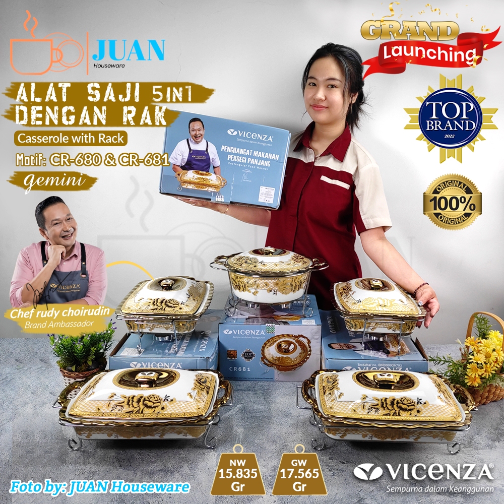 VICENZA Paket Prasmanan Lengkap 4 Segi + 1 Bulat Keramik Motif Gemini / Casserole Set With Rack Type
