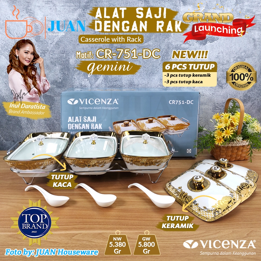 VICENZA Prasmanan Set Keramik Motif Gemini + Rak + Tutup Kaca & Tutup Keramik / Caasserole set Porce
