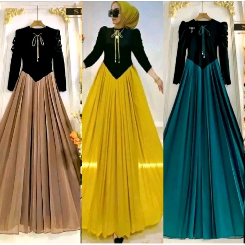 ORIGINAL SHR NEW MAXI DRESS GAMIS RUNCING KAOS RAJUT MIX CRUTY IMPORT LEBARAN VIRAL