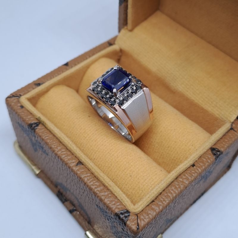Cincin Silver pria Keren Blue Safir | Berlian Hitam