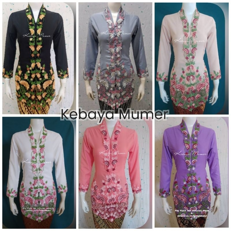 MUMER Kebaya Encim Bordir Warna Motif Almany Tradisonal Nyonya Warna Hitam Putih Abu-abu Ungu Salem 