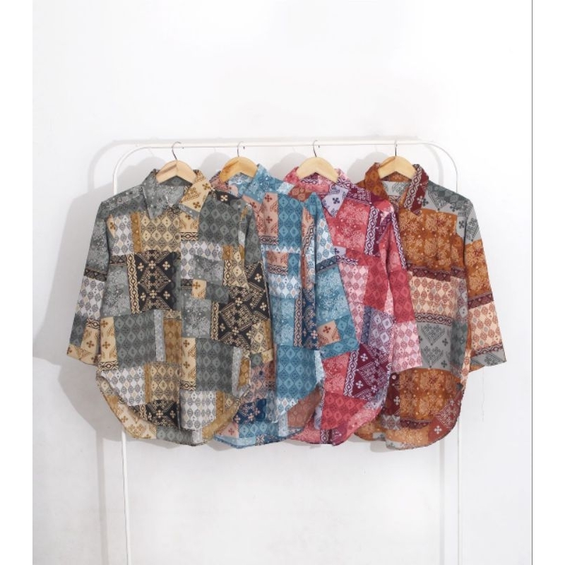 Kemeja Wanita Motif Batik Premium Lengan panjang Kerah kemeja / Atasan Wanita Motif Batik Bahan Cott