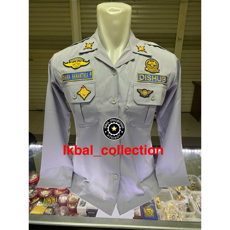 SERAGAM PDL DISHUB WANITA KERAH TIDUR (BAHAN GODIOGO) BAJU ABU DISHUB WANITA PANJANG / KEMEJA ABU DI