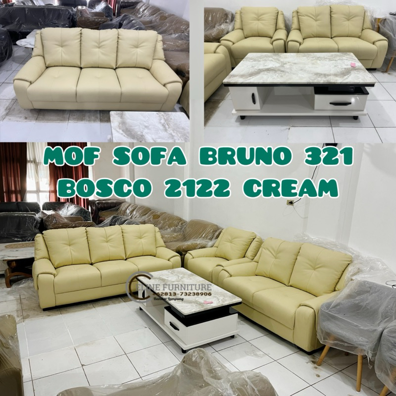 Sofa Bruno 321 Morres Bosco Cream + Meja Tamu Batu Granit Jumbo