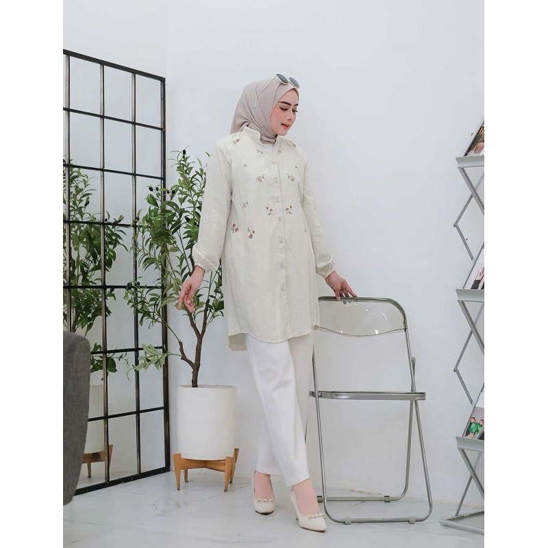 Atasan Kemeja Krem Tunik Katun, Tunik Polos Kombinasi bordir Cute Viral