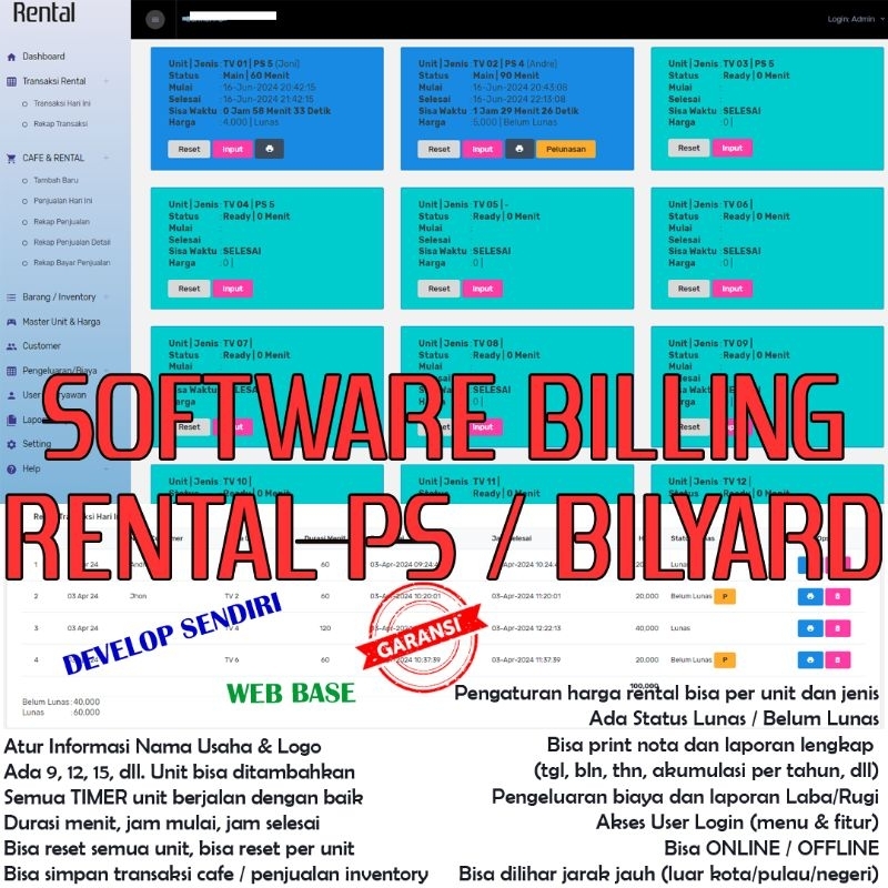 Aplikasi Software Billing Timer Play Station atau Billiard Kasir Program Rental PS