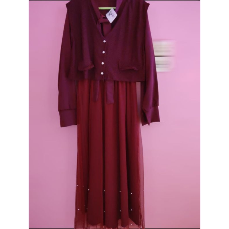 gaun gamis wanita vest atasan gamis rok tile mewah gamis merah cantik elegan simple