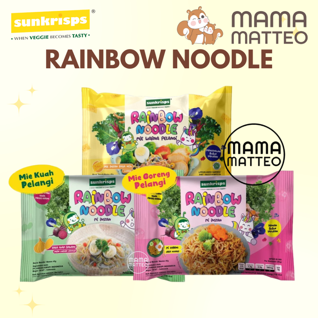

SUNKRISPS Rainbow Noodle 45gr / Mie Goreng Kuah Pelangi Sehat Rasa Keju Ayam Bawang Goreng SUNKRIP