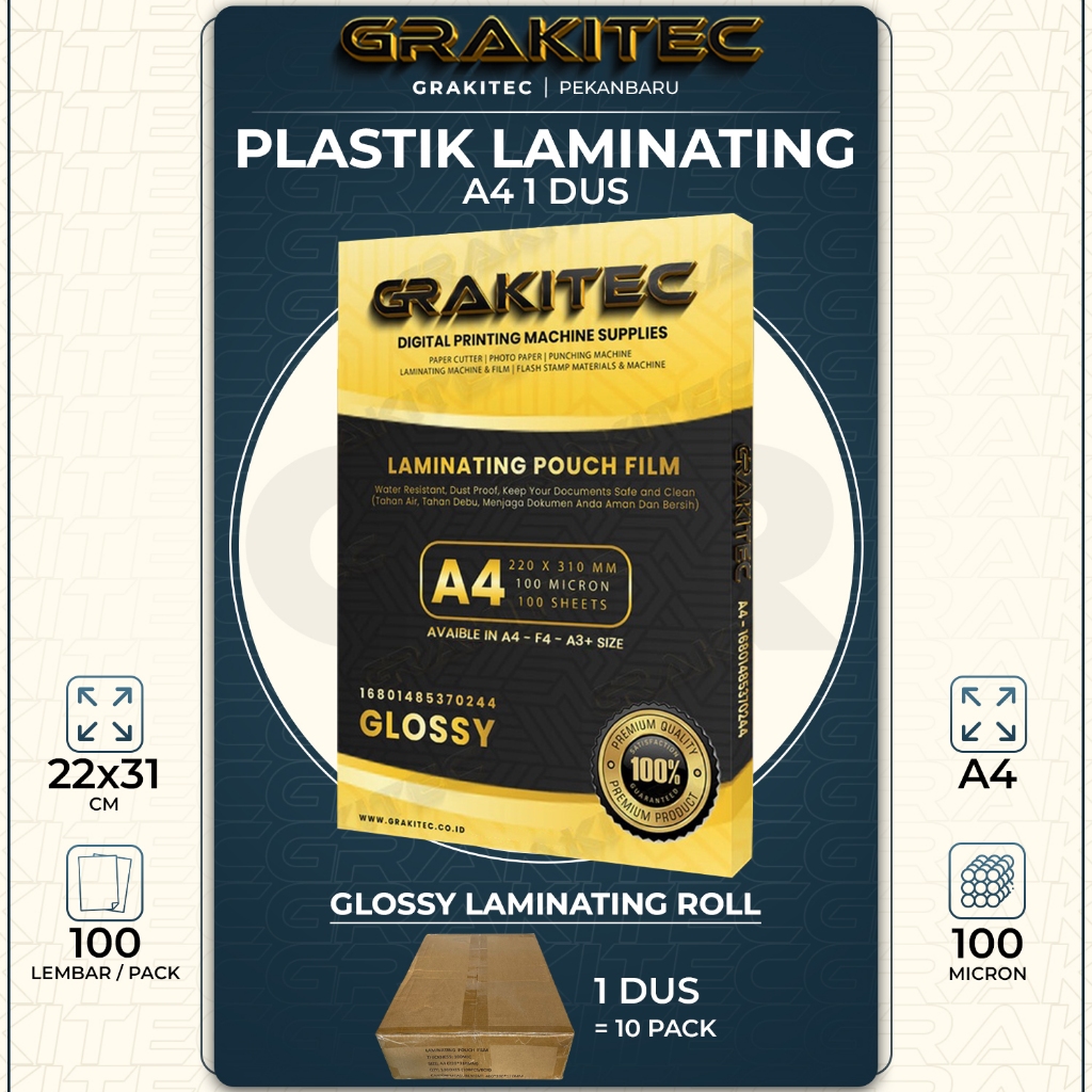 

Grakitec Plastik Laminating FIlm A4 1 DUS isi 10 pack | 100 Micron PKU