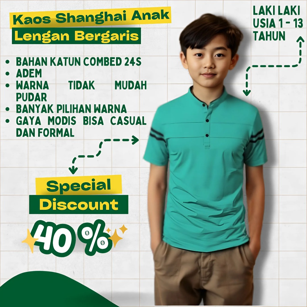 Kaos Anak Kerah Shanghai Garis Pendek / Kaos Koko Anak Gaya Korea / Kaos Kerah Shanghai Anak Premium