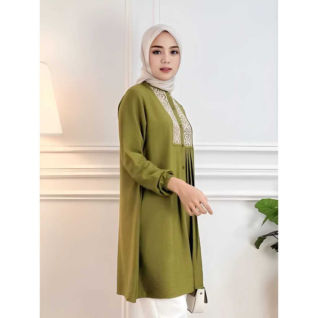 NEW Tunik Renda Mewah kemeja wanita crinkle / Katun / Wolfis atasan wanita polos Renda depan lengan