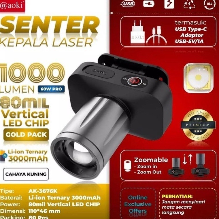 Senter Kepala ZOOM AOKI PRO AK-3675 A / AK-3676K PRO 1000 Lumen Head lamp AK 3675K / AK 3675A 3000 m