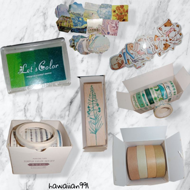 

7 Paket Bundling | Washi Tape Sticker | Inkpad Tinta Stamp | Stempel kayu motif tanaman | Washi Tape Set
