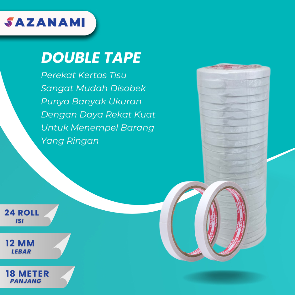 

DOUBLE TAPE 12MM x 18 METER DOUBLETAPE KERTAS PUTIH SAZANAMI ISI 24ROL JunDW