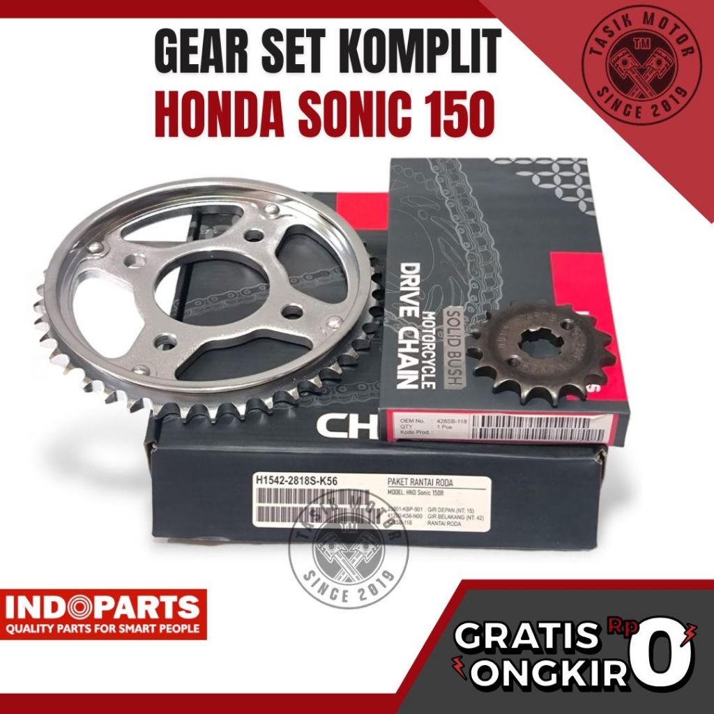 GEAR SET HONDA SONIC 150 MERK INDOPARTS - GEAR PAKET Plus RANTAI Kode Part : H1542-2818S-K56