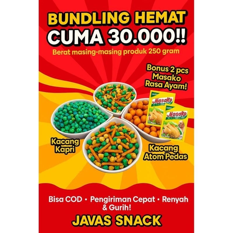 

Paket Camilan Hemat kacang Kapri, Atom Pedas, Campur 250gr + 2 Masako | Javas Snack