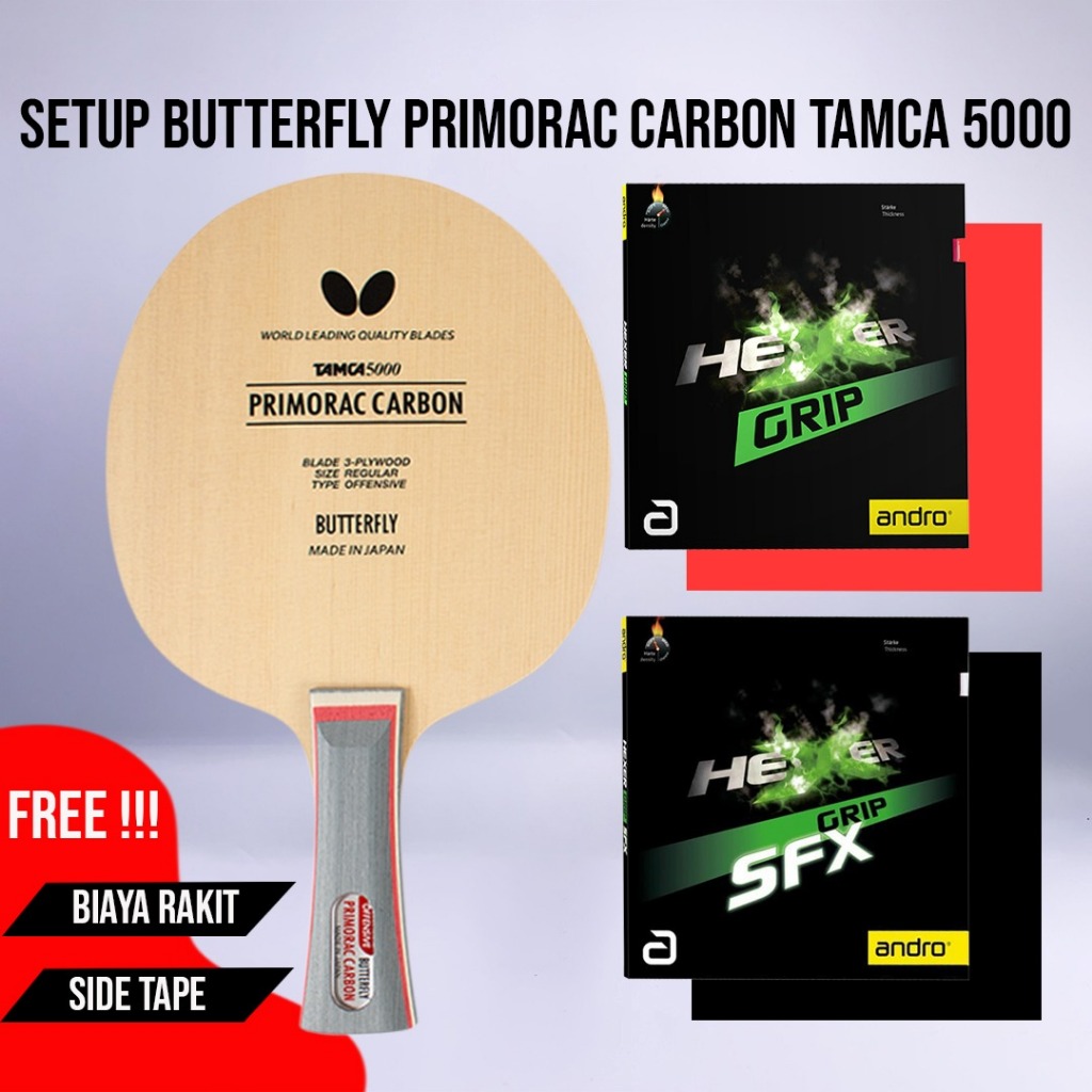 Paket Bat Tenis Meja Pingpong Rakitan Butterfly Primorac Carbon Tamca 5000 Andro Hexer Grip Hexer Gr