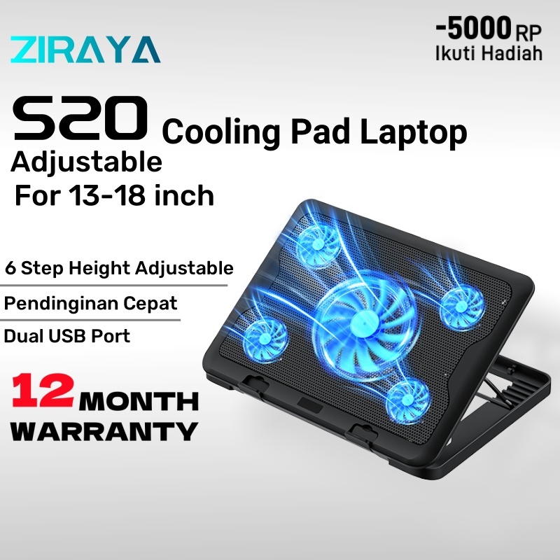 ZIRAYA Cooling Pad Laptop 5 Turbo Fan Kipas Pendingin Laptop Gaming Mute Cooler For 13-18 inch