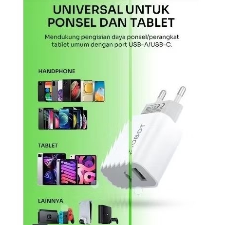 ADAPTOR ROBOT K8+ K8 PLUS TRAVEL CHARGER KEPALA BATOK 2.4A DUAL PORT USB DAN USB-C TYPEC