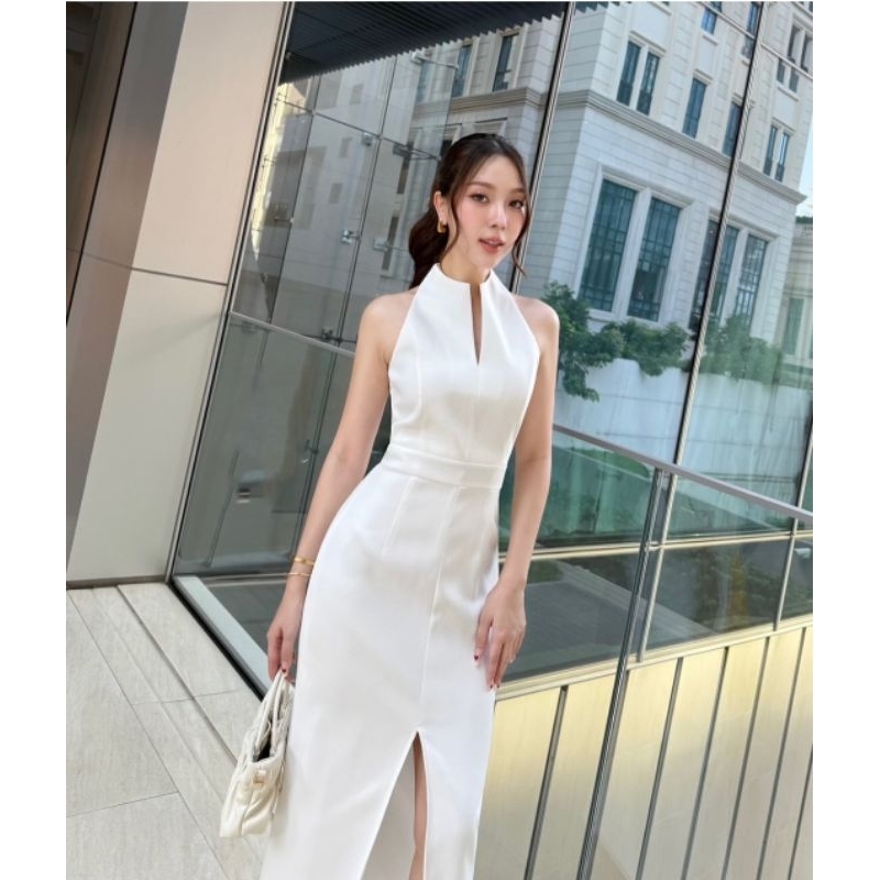 halter slit midi dress simple basic polos sister photoshoot europe paris gaun pesta wedding party ev
