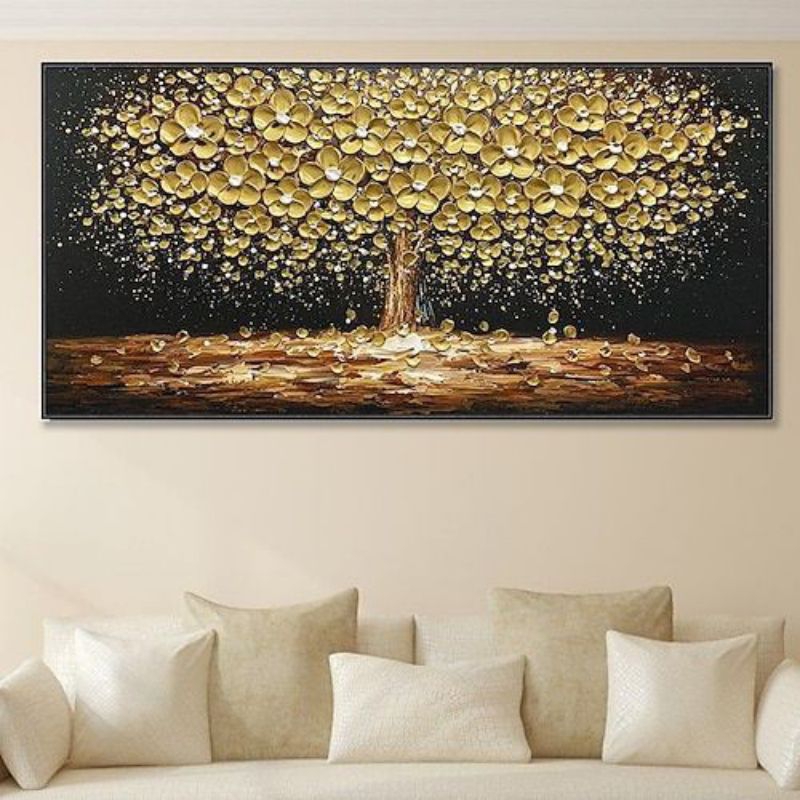 lukisan pohon emas aesthetic Lukisan Bunga Putih Teksture Modern Dinding Tebal Abstrak Ruangan Kamar