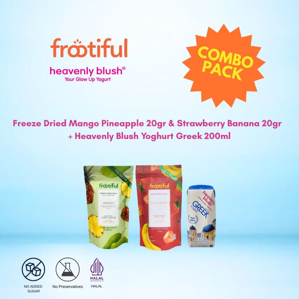 

Combo Pack Freeze dried Mango Pineapple 20gr, Freeze Dried Strawberry Banana 20gr & Heavenly Blush Yoghurt Greek 200ml