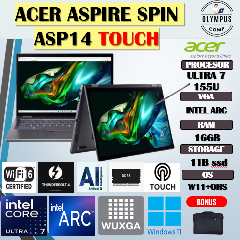ACER ASPIRE SPIN ASP14 TOUCH ULTRA 7 155U 16GB 1TB W11+OHS 14.0 WUXGA