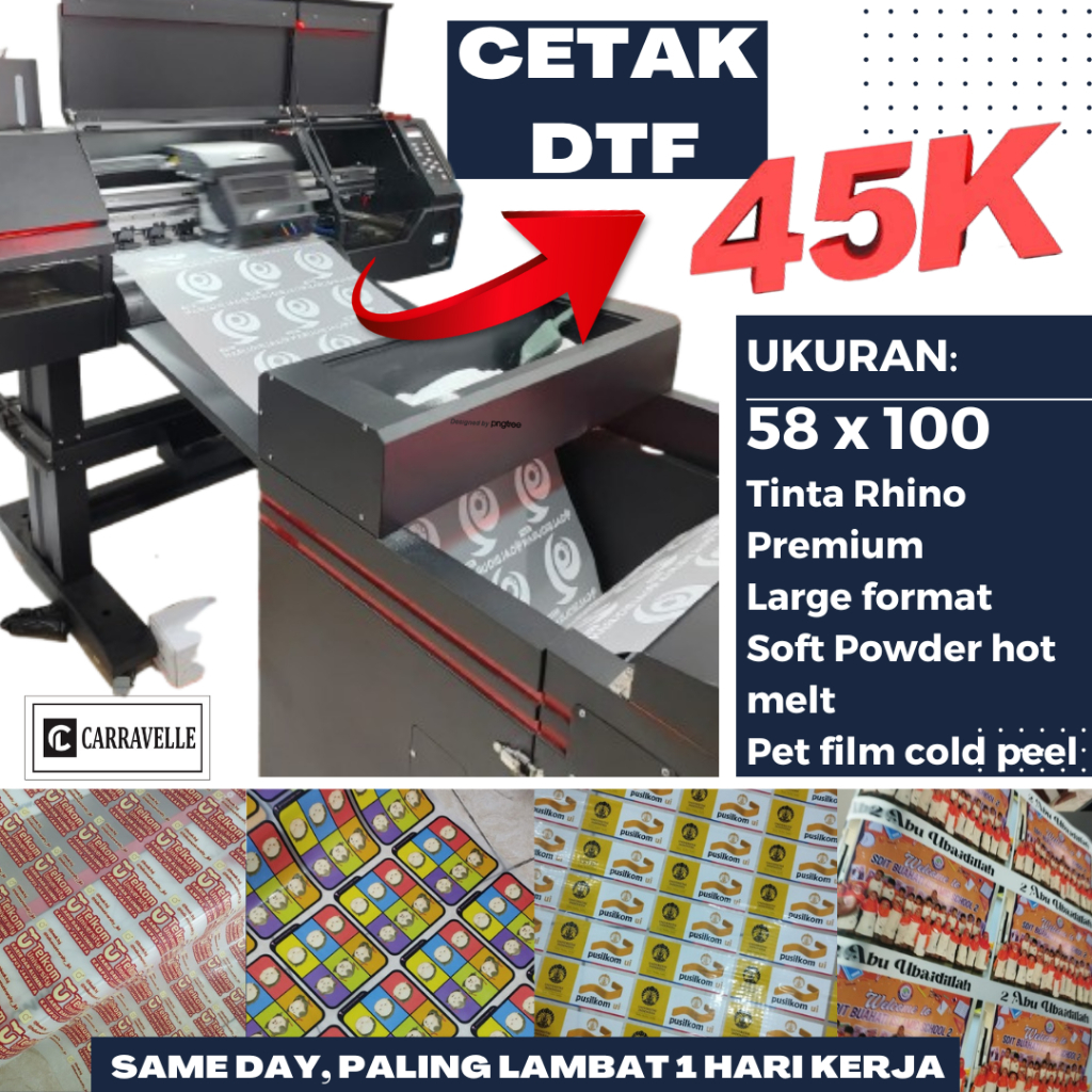 

Jasa Cetak Sablon Print DTF Meteran 1 Hari Selesai Ukuran A5 A4 A3 A2 Siap Press 1 Meter Ukuran 58cm X 100cm