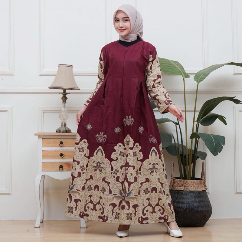 Gamis Batik Wanita Full Katun Prima Premium Resleting Depan Gamis Batik Wanita Modern Busui Friendly