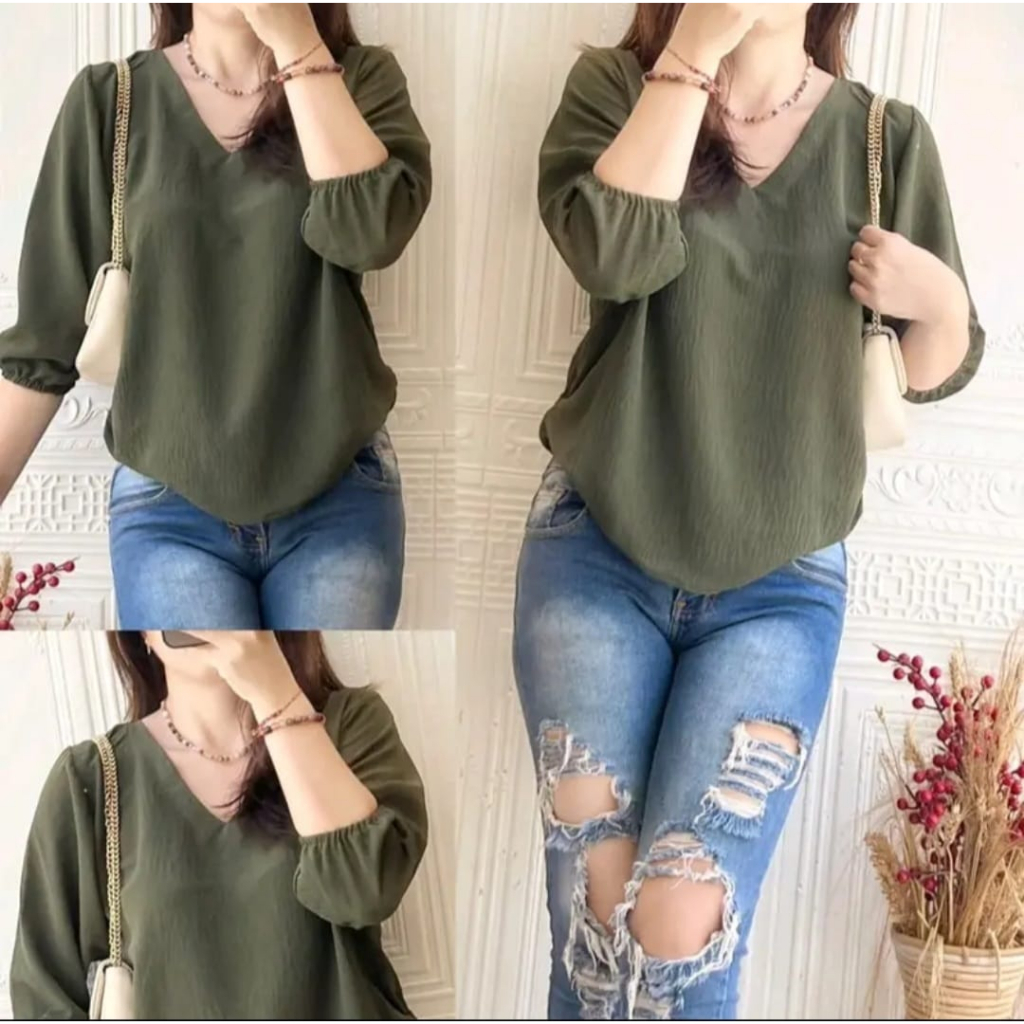 Atasan Blouse Wanita Kekinian Korean Style Bahan Crinkle