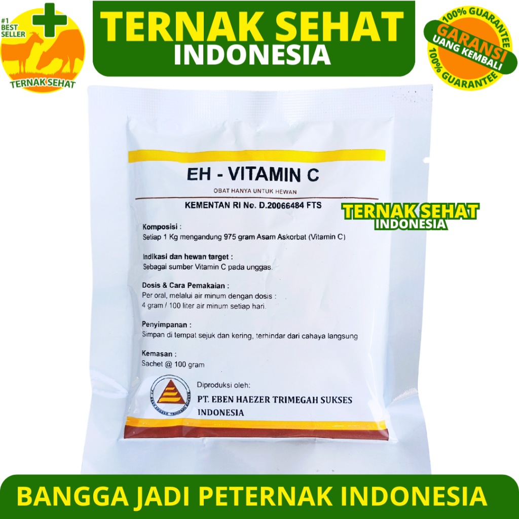 EH VITAMIN C 100 GRAM (ASCORBIC ACID UNCOATED 97,5 %) - Vitamin C Untuk Ternak Ayam Bebek Puyuh Via 
