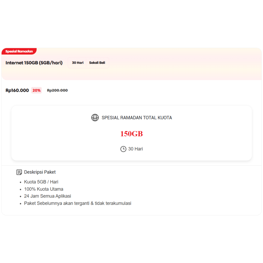 Paket Data Special Promo IM3 150GB (FUP 5GB/hari, Aktif 30 Hari)