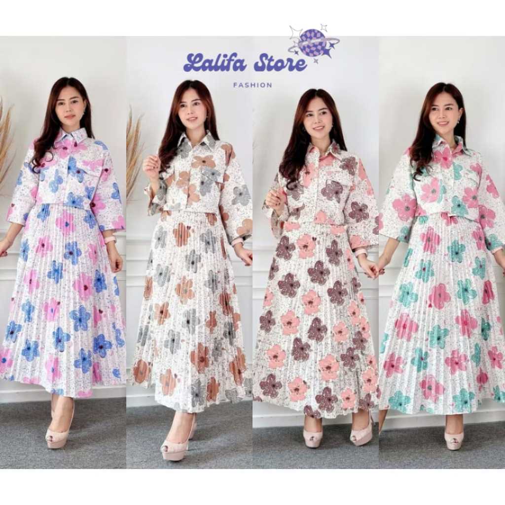 LS - ONE SET FUJI BUNGA-BUNGA KEMEJA CROP & ROK