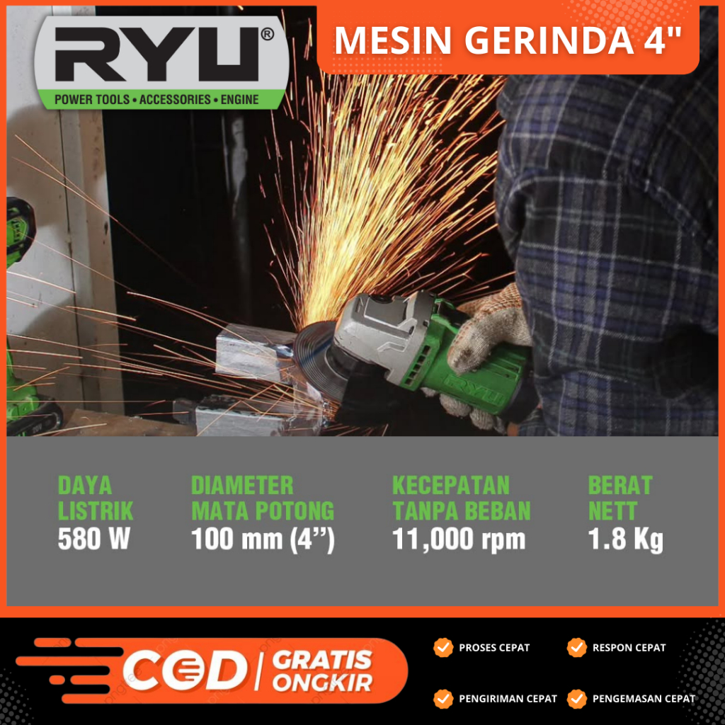 RB Mesin Gerinda Tangan 4" Free Batu Potong dan Batu Poles Mesin Potong Besi Kayu Pvc Alumunium