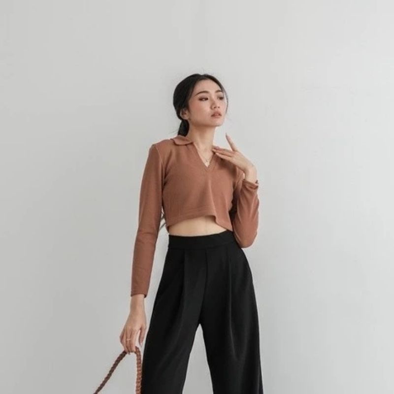 Crop Top Lengan Panjang Polo | Crop Top Knit V Neck | Crop Top Korean Style