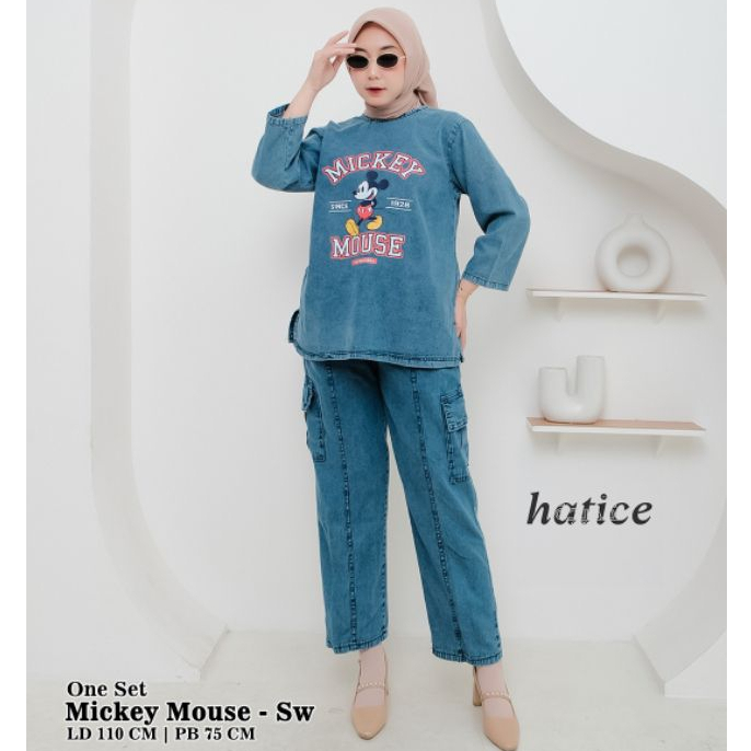 Oneset Denim Dress Mickey Mouse / Setelan Jeans Denim Wanita