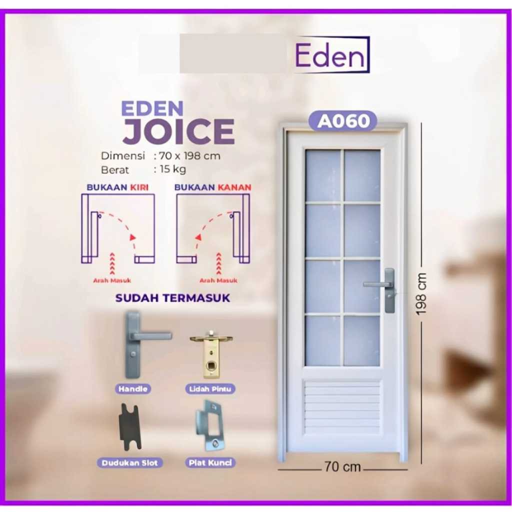 Pintu Kamar Mandi UPVC Kaca 8 Eden fullset siap pasang handle model engkol sudah beserta dengan kuse