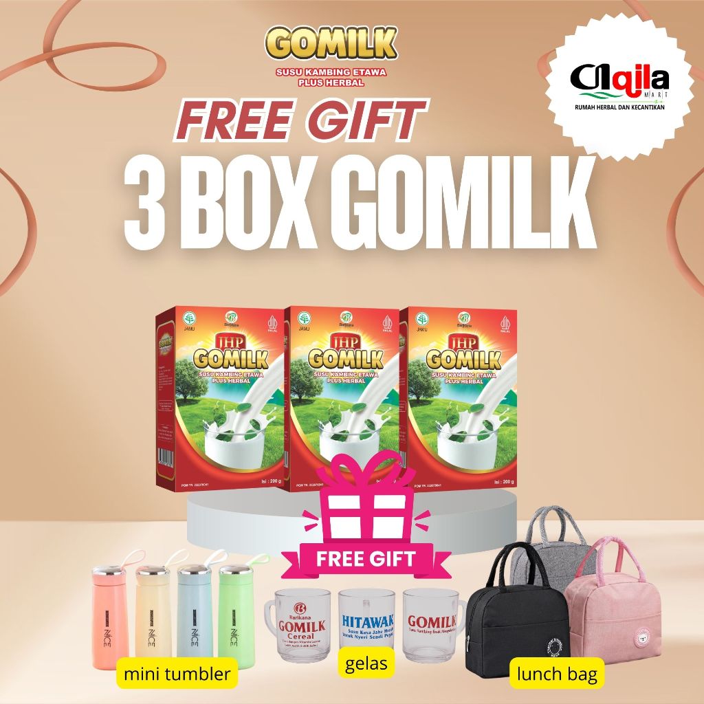 

Free Gelas Cantik !!! Paket 3 Dus Gomilk Susu Kambing Etawa plus daun kelor Aqilamart Trangsan