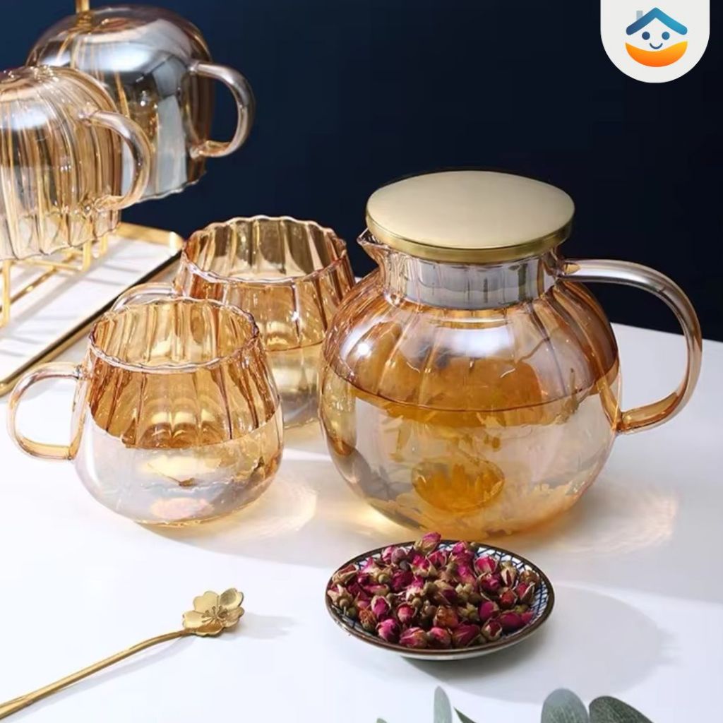 Set 1 Teko Pitcher Dengan 2 Gelas Air Minum Teapot Teh Kopi Tahan Panas Aesthetic Estetik Lebaran Na