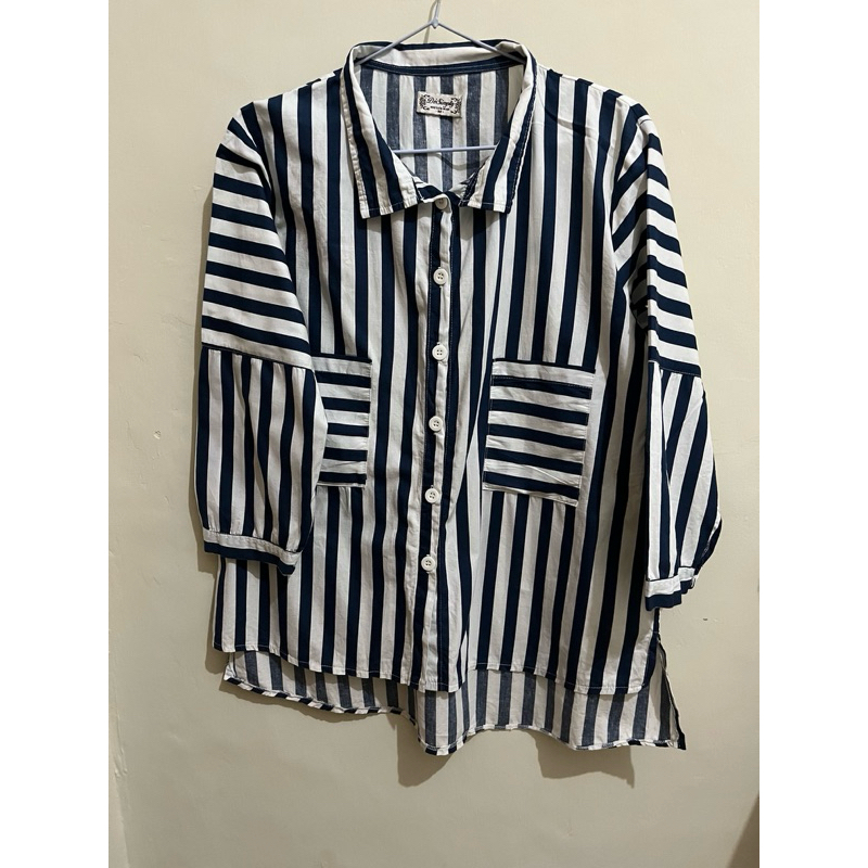 Kemeja Salur Garis Biru Navy Oversize