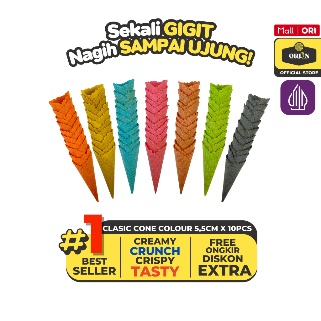 

ORLIN Cone Es krim Waffle Clasic Colour 5,5cm x 13,5cm isi 10pcs Sekali Gigit, Nagih Sampai Ujung