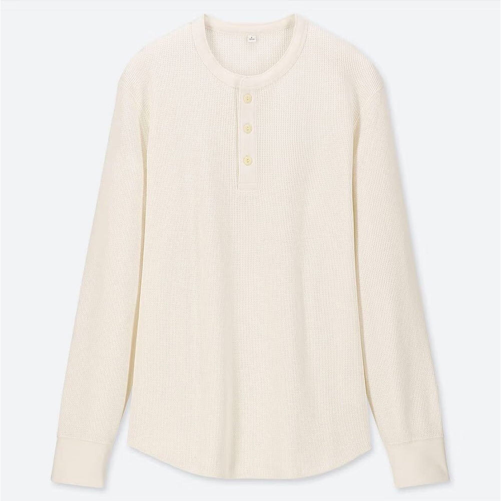 Kaos Panjang UNIQLO Waffle Henley Neck Long Sleeve T-Shirt