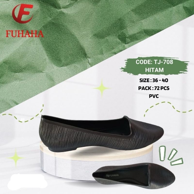 Flat Shoes Karet Jelly Sepatu Kerja Wanita Hitam Full Black Fuhaha 708