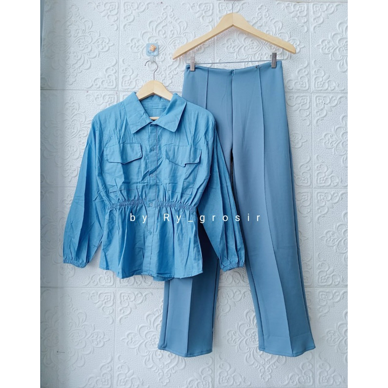 Setelan Wanita Yosefa Blus Bahan Katun Linen Celana Kulot Scuba Premium Polos