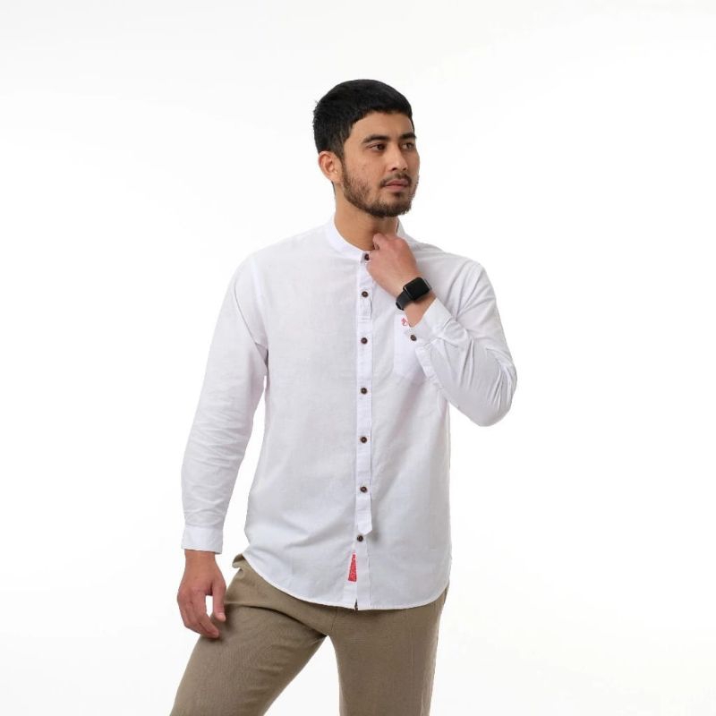 WAYDEE Razzan - Kemeja Pria Lengan Panjang - Kemko Pria Putih - Baju Koko Pria Kerah Shanghai Putih