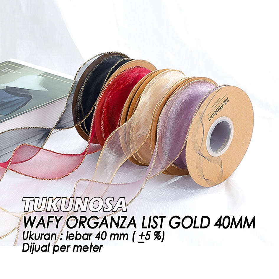 

WAFY ORGANZA LIST GOLD RIBBON 40 MM / METER - Pita Kado Organza Gelombang list emas 4 cm Mermaid Tail Ribbon Organdi
