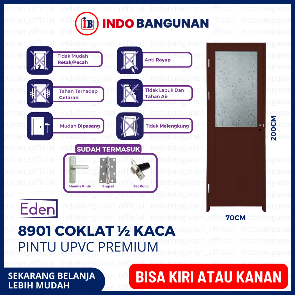 PINTU KAMAR MANDI WC 1/2 KACA ALUMUNIUM KUAT TAHAN CUACA 70X200 EDEN 8901 COKLAT
