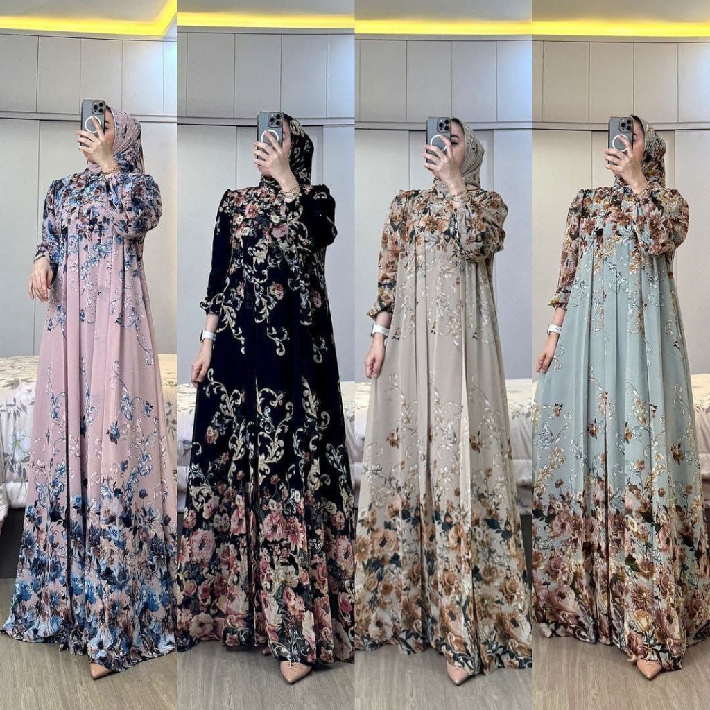 clarissa set hijab gamis raya series bahan rayon diamond premium free hijab gamis motif bunga terkin