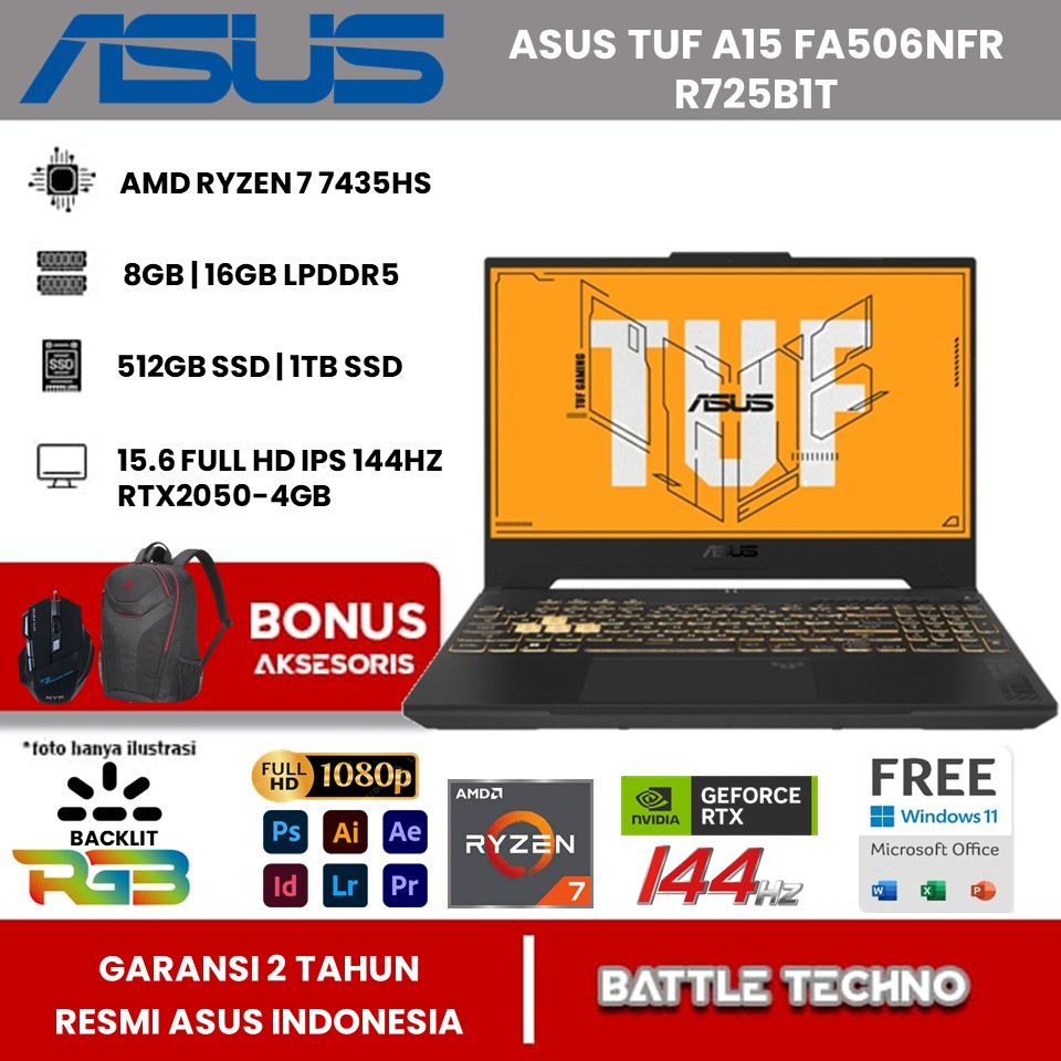 Laptop Gaming Asus Tuf A15 FA506NFR Amd Ryzen 7 7435HS Ram 16GB SSD 1TB 15,6 FHD IPS RTX2050-4GB