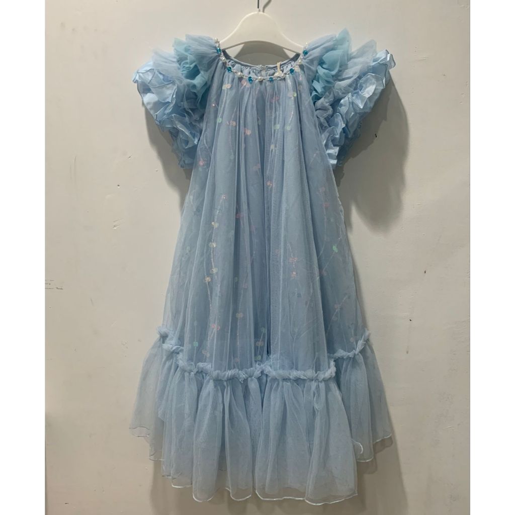 Gaun Pesta Anak Lengan Ruffle Warna Biru Muda